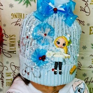 Blue Knit Kids Hat with Doll Design